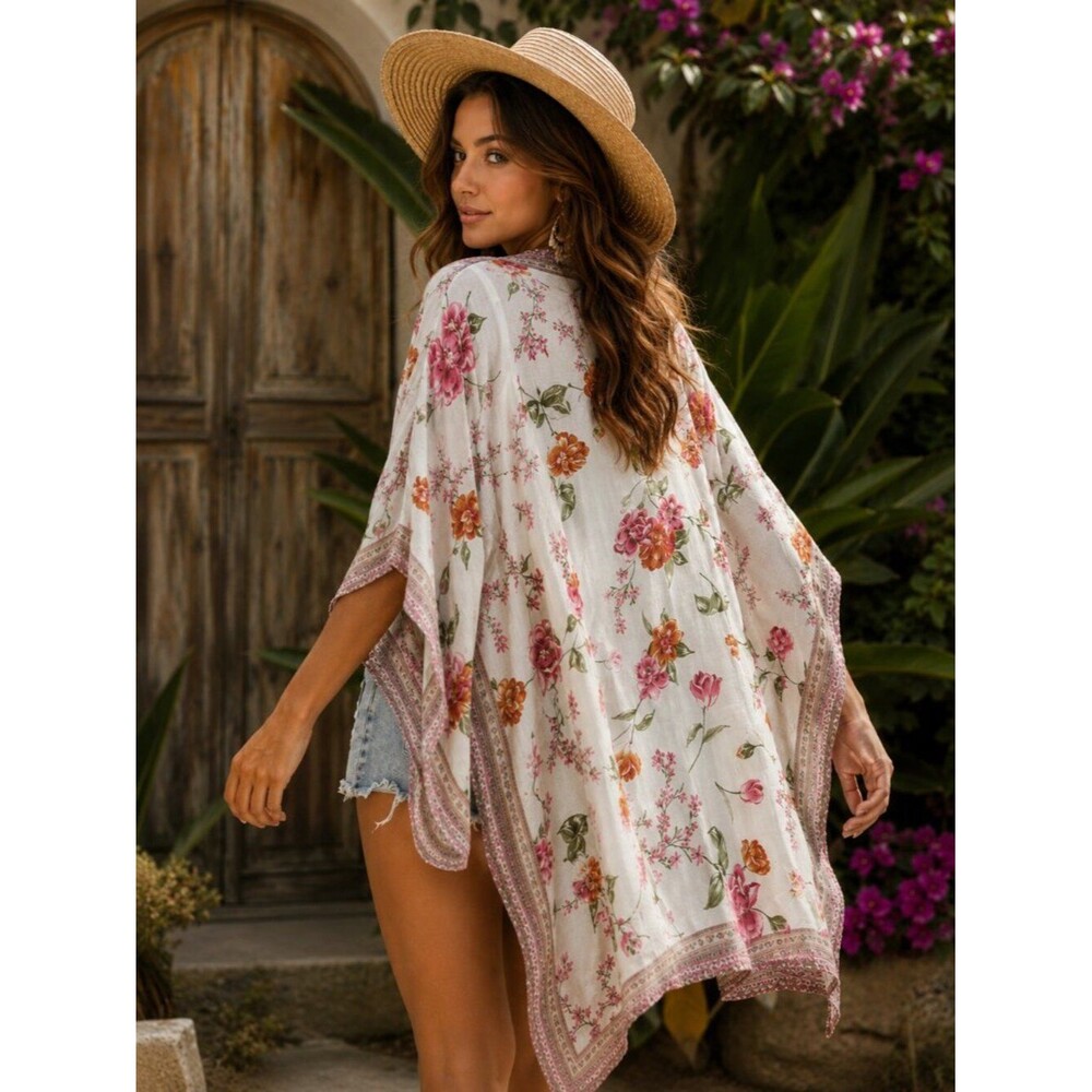 JAPNA One Size Fits Most White Floral Viscose Cover-Up Pink Orange Kimono Layer